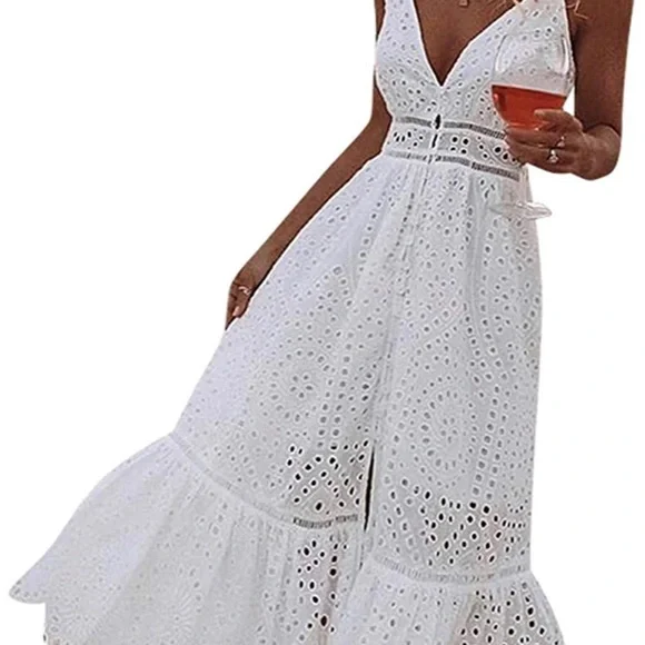 white eyelet beach dress Eyelet Crochet Sleeveless V Neck Beach Dress White / (US 16-18)XL main image 1